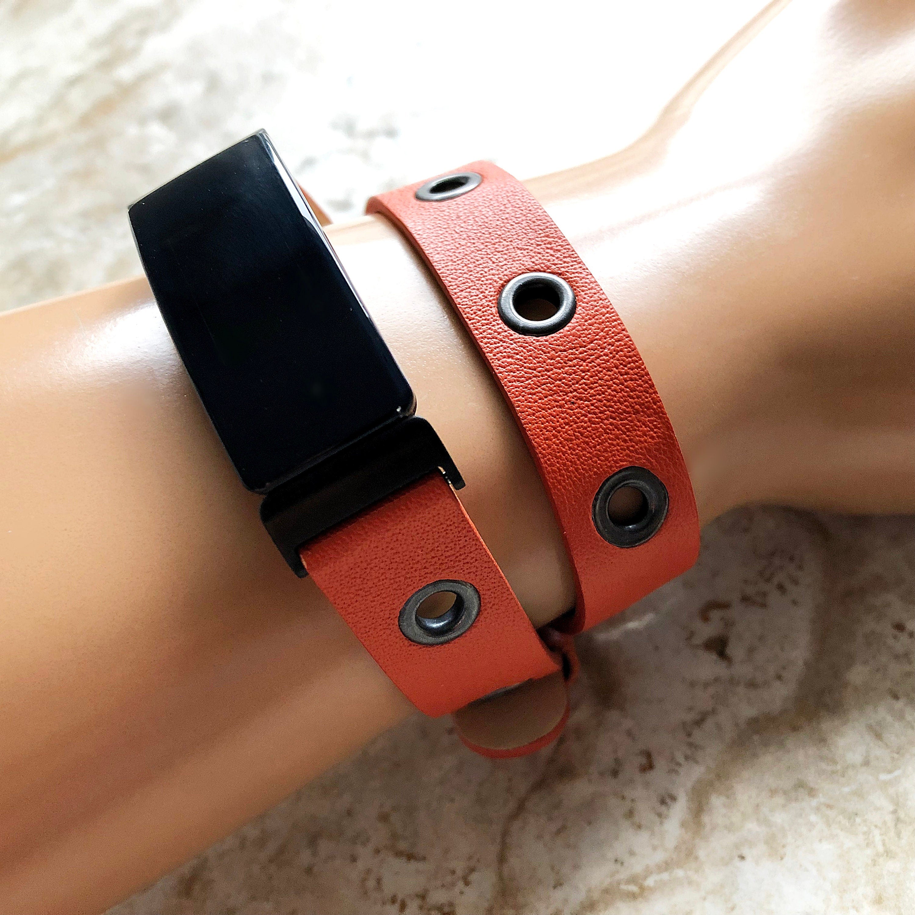 Fitbit Inspire 2 HR Orange Band for Fitness Tracker Soft Leather Strap Wristband Twice Double Wrap Bracelet in Silver Black Rose Gold Finish